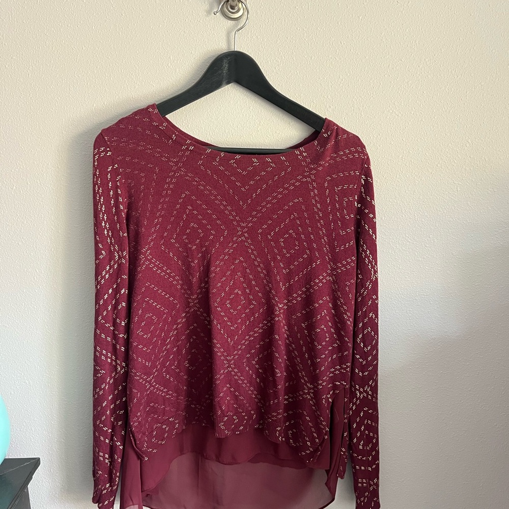 Lucky Brand Elegant Burgundy Patterned Women's Top Size M